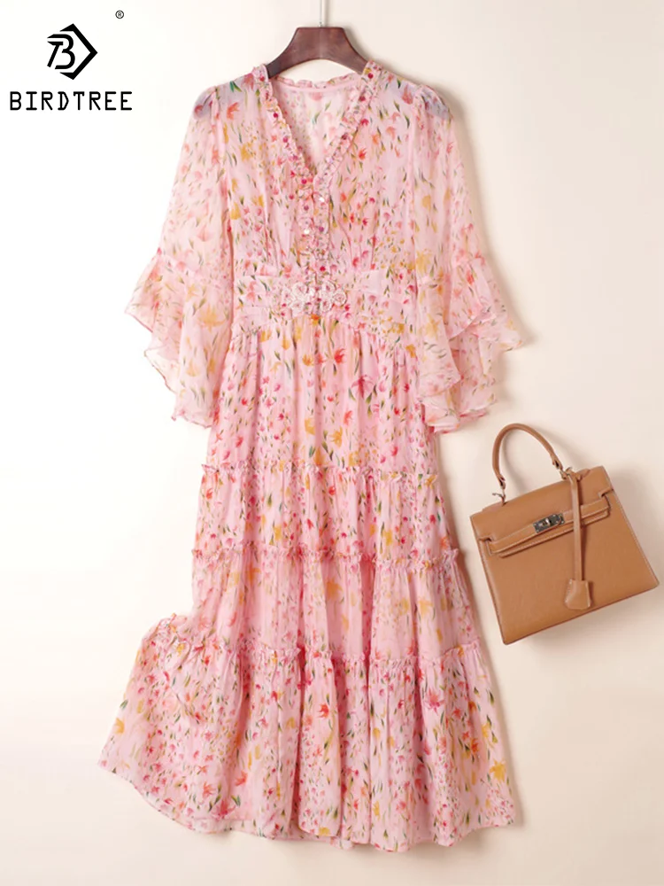 

Birdtree 100%Real Mulberry Silk Dress Women Elegant Beaded V Necks Flare Sleeve Floral Maxi Dresses Female Summer New D36925QM