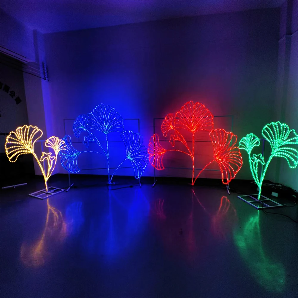 맞춤형 디자인 2D LED 녹색 은행잎 모티브 조명, 상업용 야외 장식 방수 잔디 정원 거리 IP65