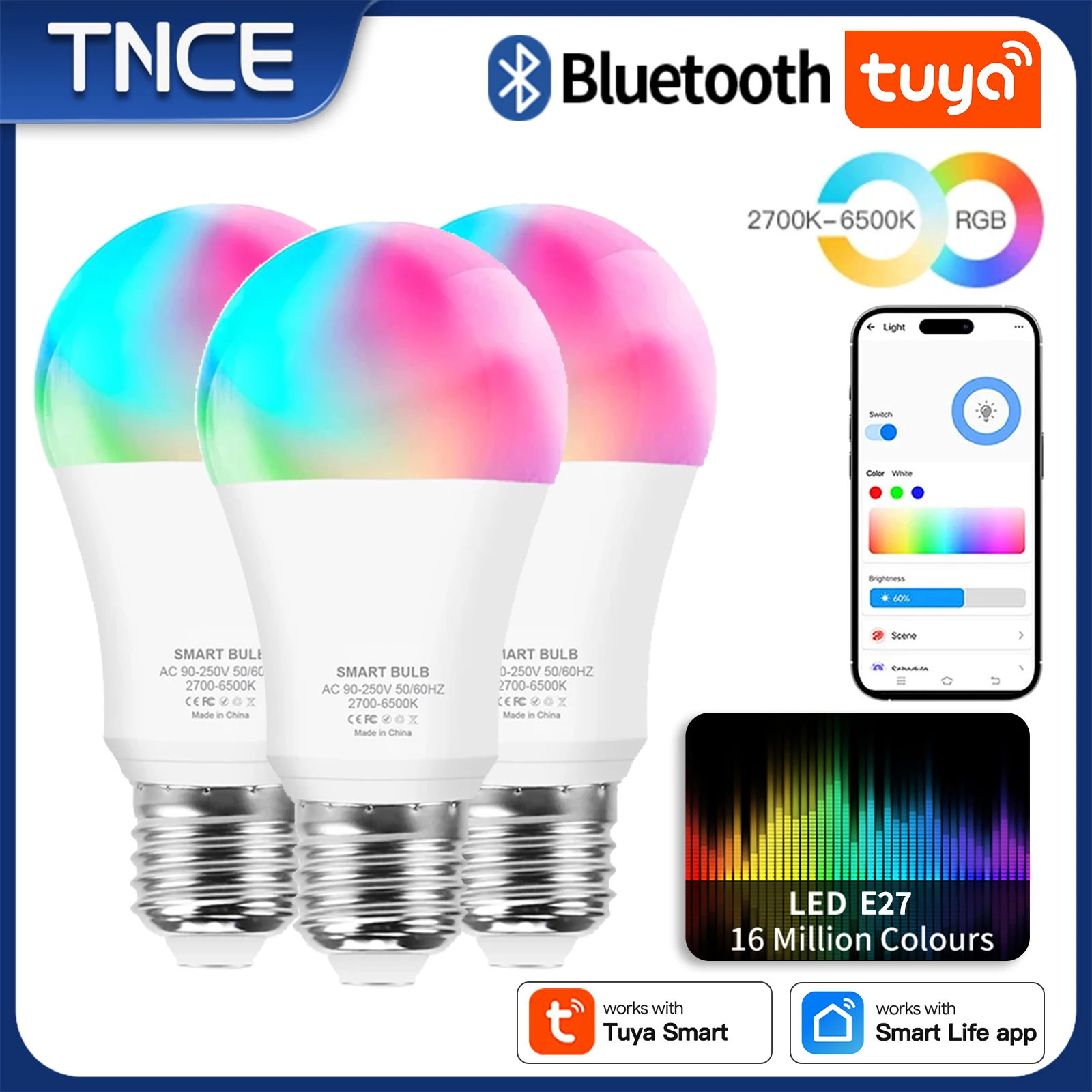 Smart Led Light Bulbs TNCE Tuya E27 Bluetooth 10/15W, LED Bulb 2700-6500k Dimmable lamp, 1600m color RGBCW Lights, Work with Smart Life app tuya smart
