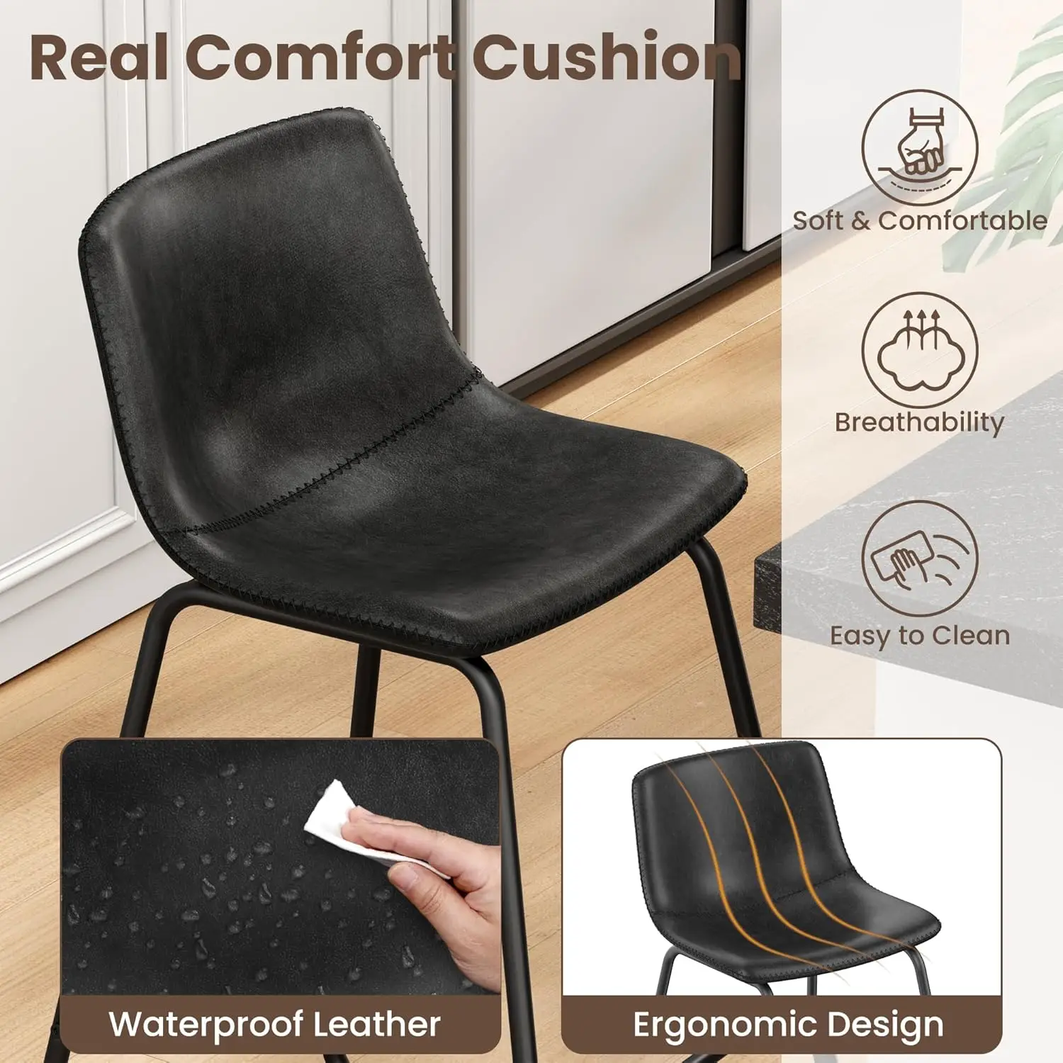 Bar Stools Set of 3, Faux Leather Counter Height Stools,26" Modern Barstools with Metal Legs and Footrest, Urban Armless Counter