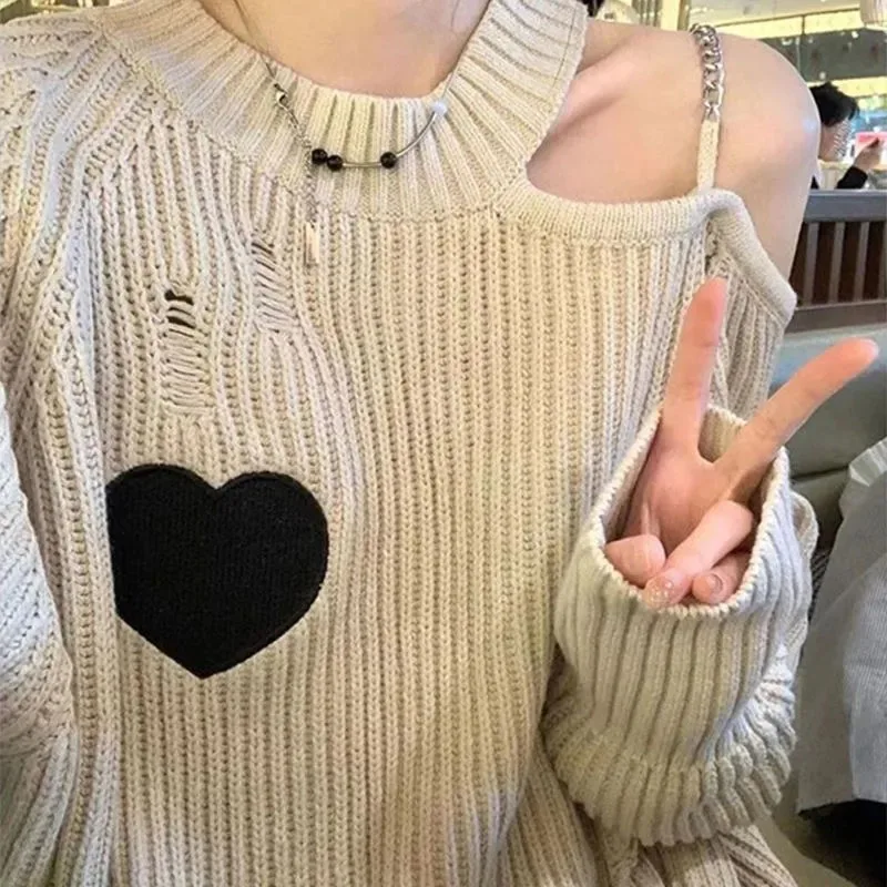 

GIDYQ Korean Heart Knitted Sweaters Women Apricot Baggy Chic Hollow Out Pullovers Sexy Off Shoulder Loose Casual Knitwear Autumn
