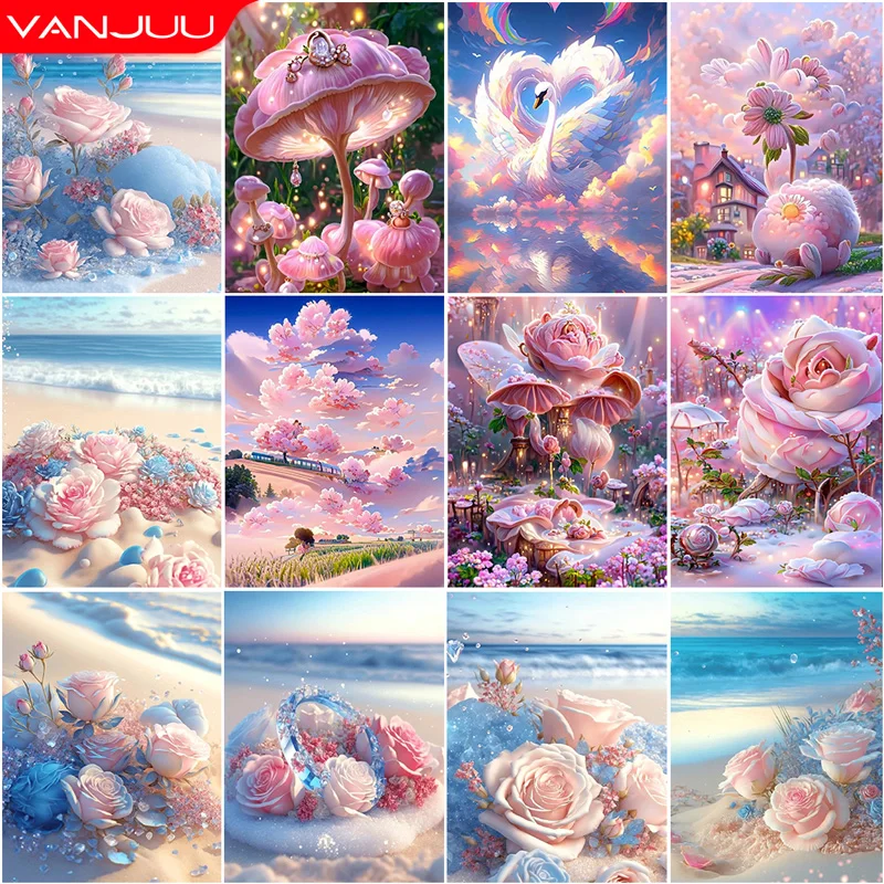 

Rose 5D Diamond Painting Kit Beach Landscape Diamond Embroidery Painting Flower Diamond Mosaic DIY Rhinestone Home Decor Gift