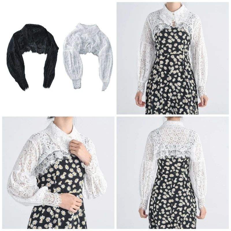 

Lace Embroidery Puff Long Sleeve Half Top for Women Blouse Ruffled Fake Collar Female Detachable False Collar