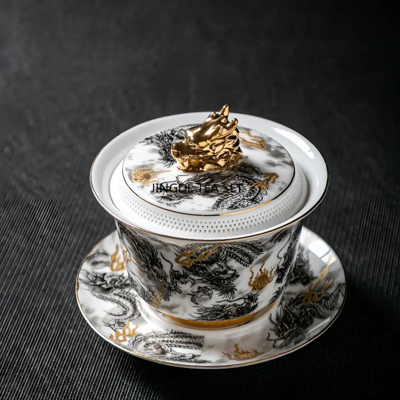 Chinese Dark Dragon White Sheep Fat Jade Porcelain Gaiwan 360&deg; Water Outlet Gold Painted High-end Retro Tea Bowl