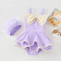 Little Girl's One-Piece Sling Swimsuit Soft Silk Bow knot Cake Dress Swimming Wear for Baby Girl Swimsuits with Free Swimhat Set 1
