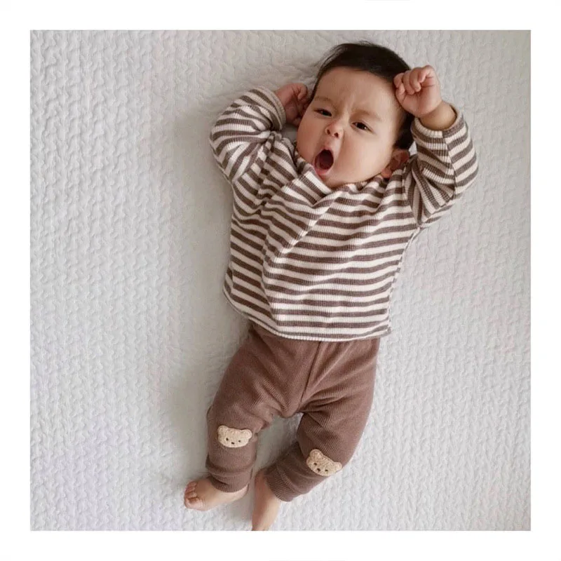 Autumn Baby Waffle Bear Harem Pants Striped Tops