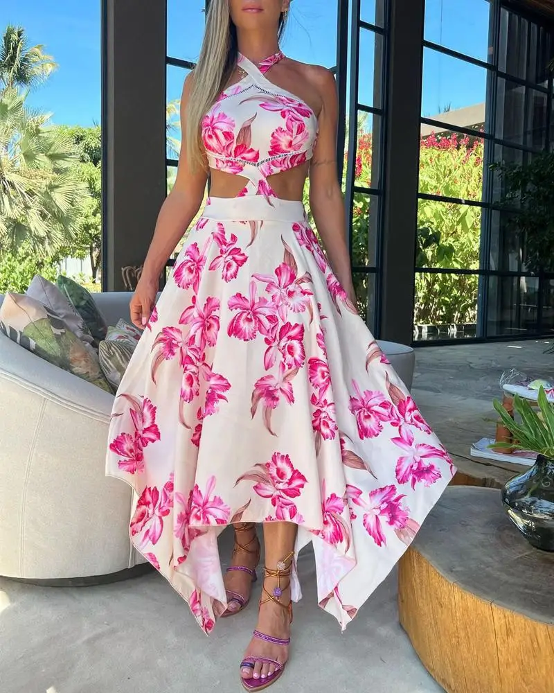 

Floral Print Crisscross Backless Cutout Asymmetrical Dress Women Long Maxi Loose Sleeveless Spring Summer Dress Flower