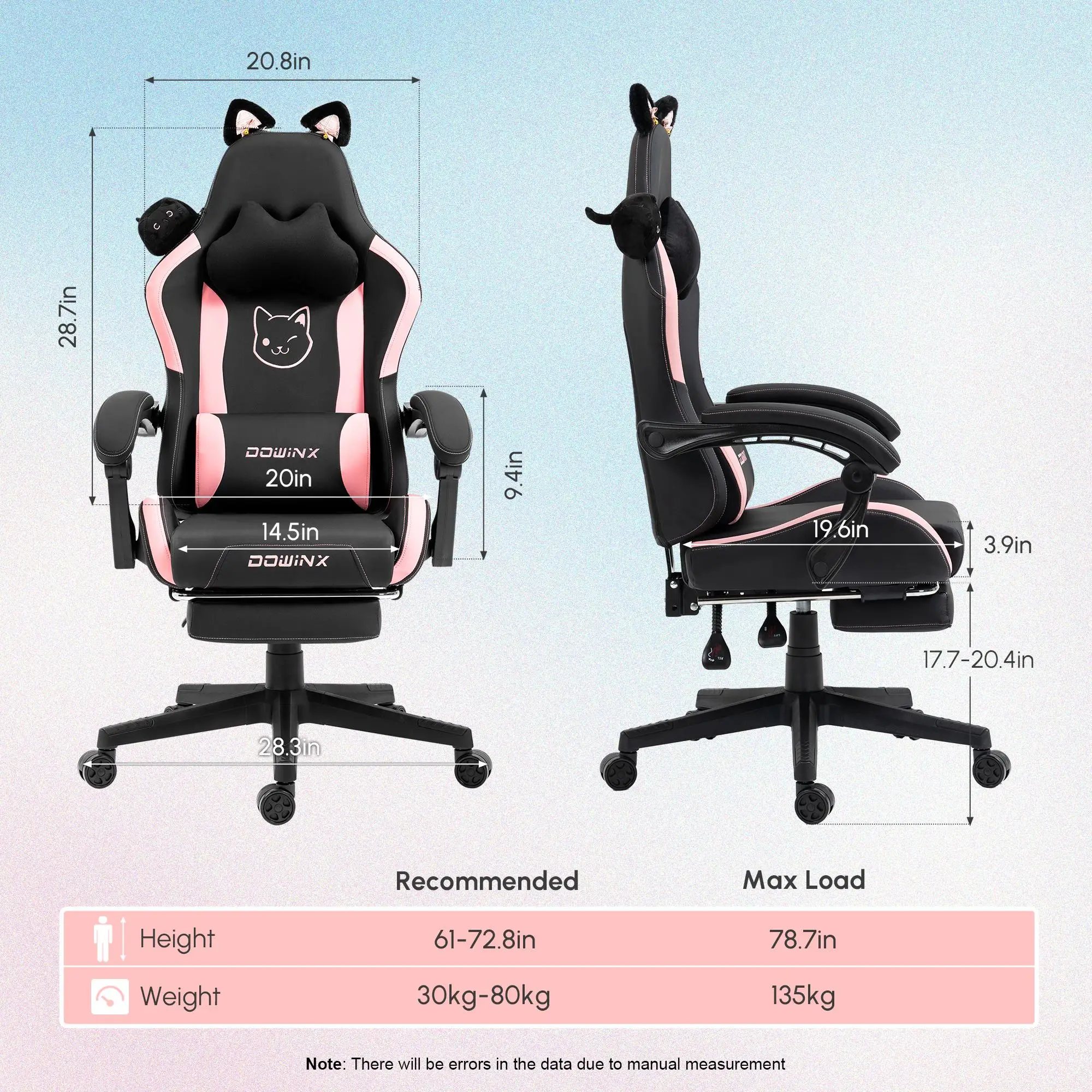 Dowinx Gaming Chair Cute with Cat Ears and Massage Lumbar Support, Ergonomic Computer Chair for Girl with Footrest and Headrest 6