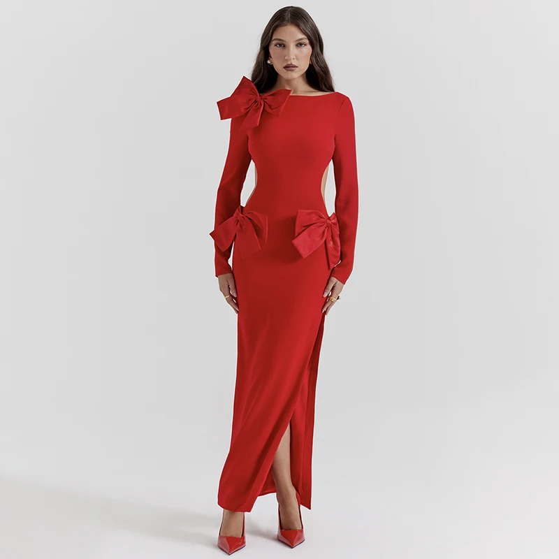 

Factory Wholesale Women's Black Red Long Sleeves Backless Bow-knot Sexy Celebrity Cocktail Party Bandage Long Dress