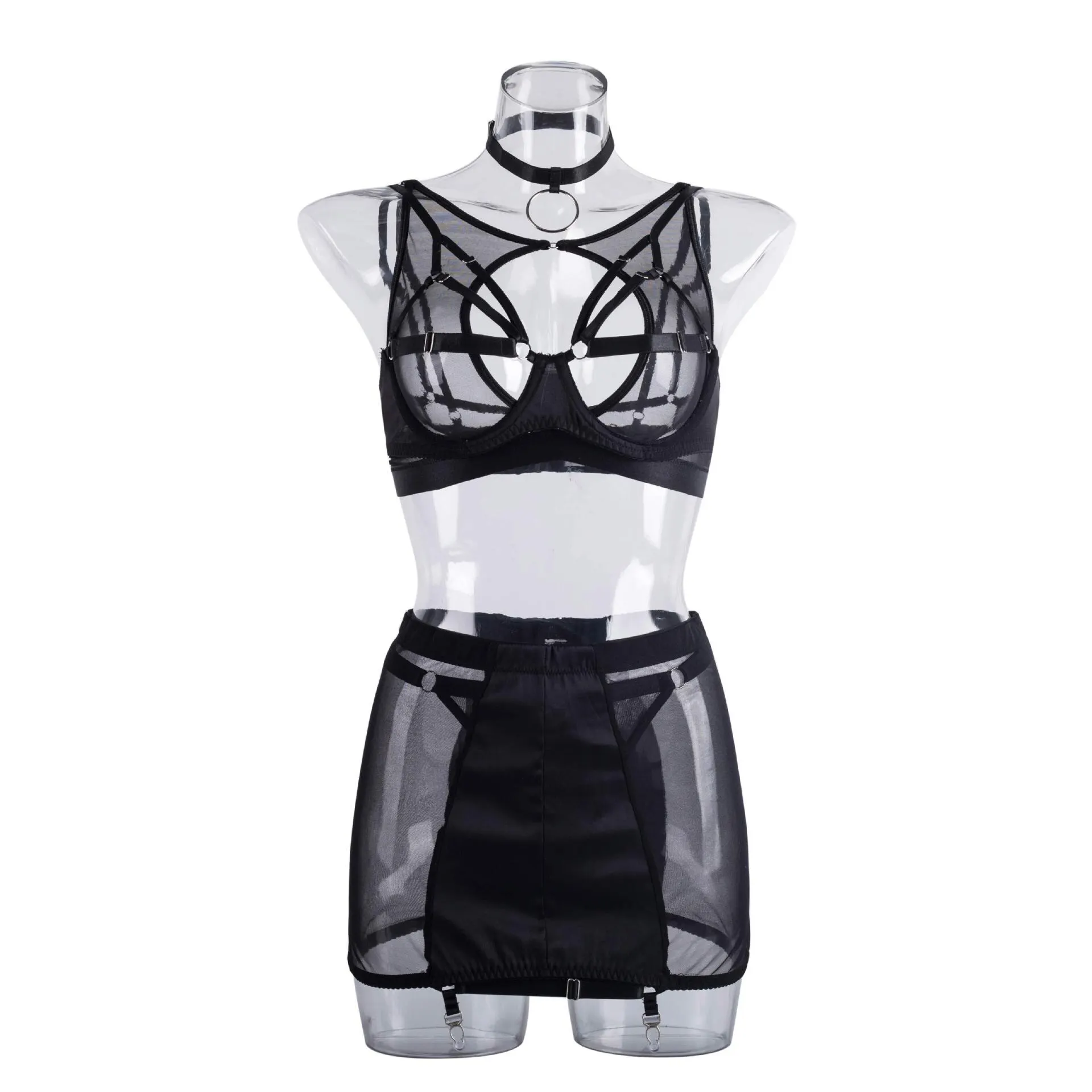 Lingerie 5 pièces sous-vêtements fantaisie Sexy femmes soutien-gorge Transparent non censuré jarretelles slips ensembles pansement sexe tenues_voghion.com