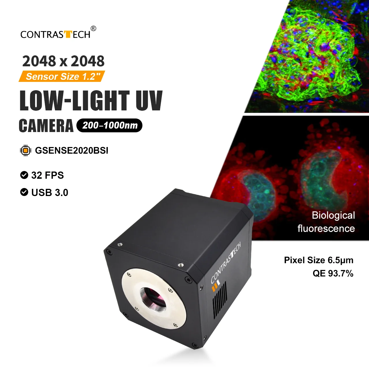 코로나 감지를 위한 4.2MP 100fps GSENSE2020BSI Ultravoilet 200-1100nm USB3.0 저조도 UV 카메라
