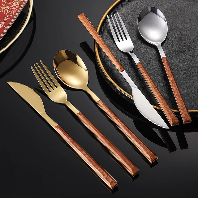 Wood Handle Silverware Flatware,Gold Silver Dinner Spoons, Knife And Fork  Set Fruit Fork Stir Small Spoon Tableware