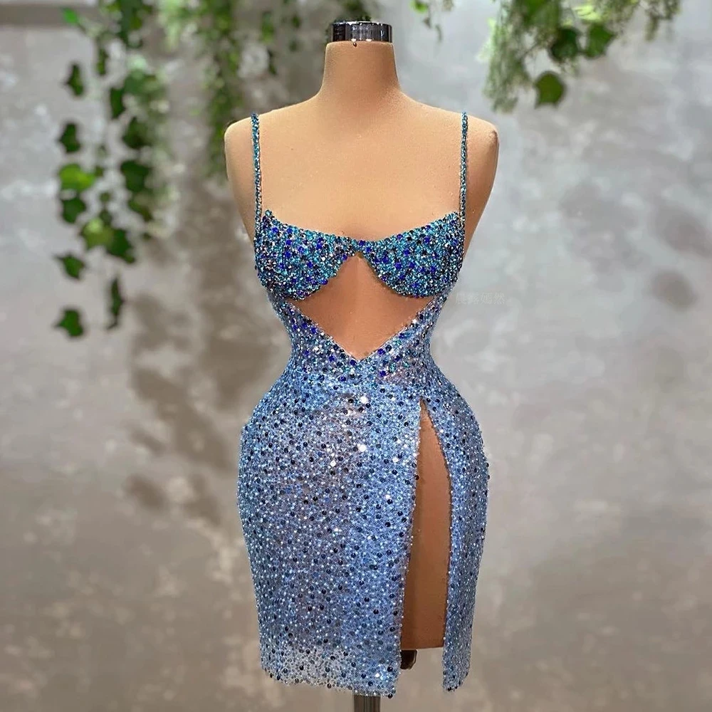 

Sexy Glitter Cocktail Dresses Spaghetti Straps Sheer Cut Away High Split Mini Length Gorgeous Short Night Party Gowns Maxi Midi
