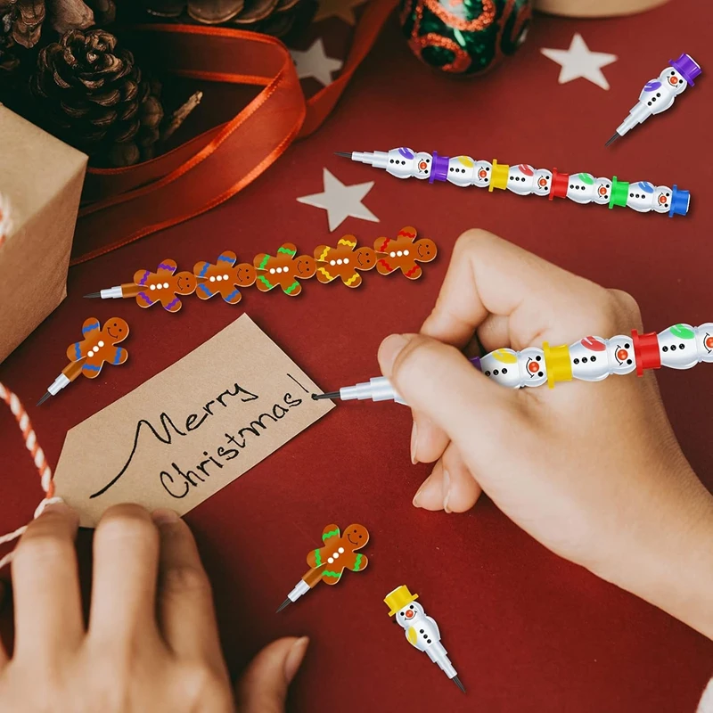 5/10 Stück Weihnachten Schneemann Lebkuchenmann Stapelbare Bleistifte 2025, Neujahr Schule Schreibwaren Kinder Geburtstag Party Favors Geschenke – Detail 2