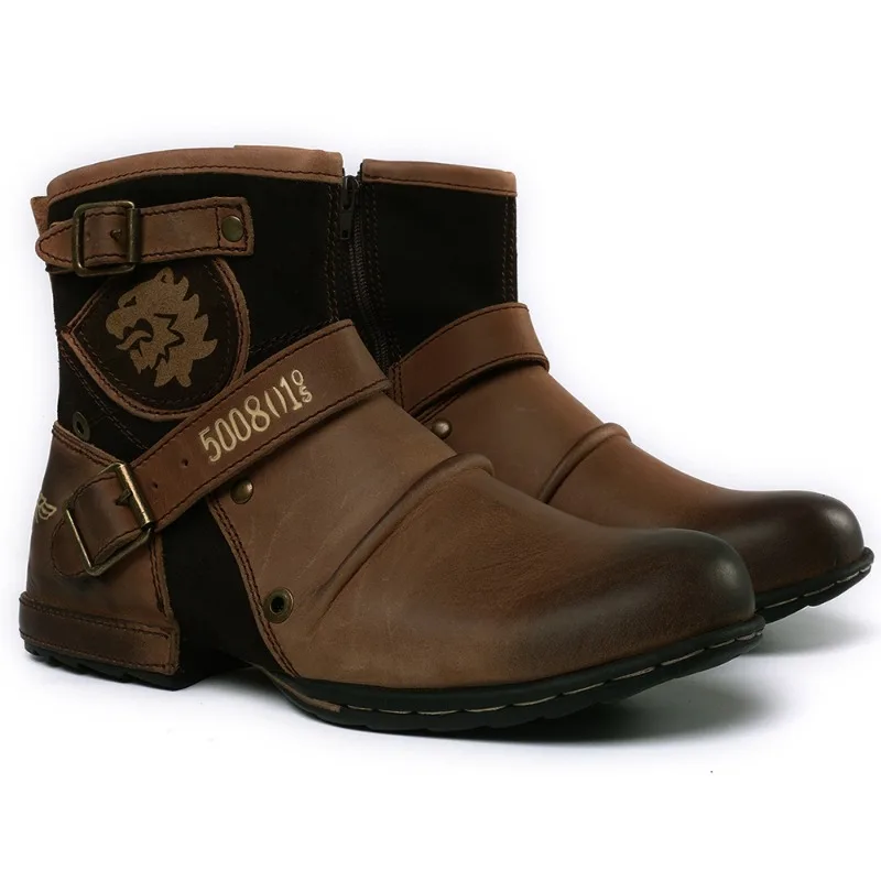 Fashion Men's Shoes Boots Warm Leather Vintage Motorcycle Male Boots Riding Retro Metal Style Zippers Men's Shoes motorcycle shoes motorcycle boots