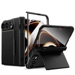 Premium Luxury Metallic Frosted Card Holder Fold Phone Case with Glass Screen Protector and Full Hinge Protection - iPhone Duo (Black)
