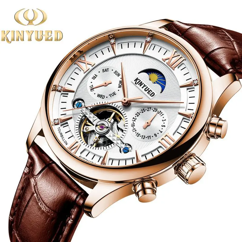 KINYUED Brandneue mechanische Mondphasenuhr für Herren, hohle Tourbillon-Uhren, Wochendatum, Herrenuhr, wasserdicht, automatische Uhren_voghion.com
