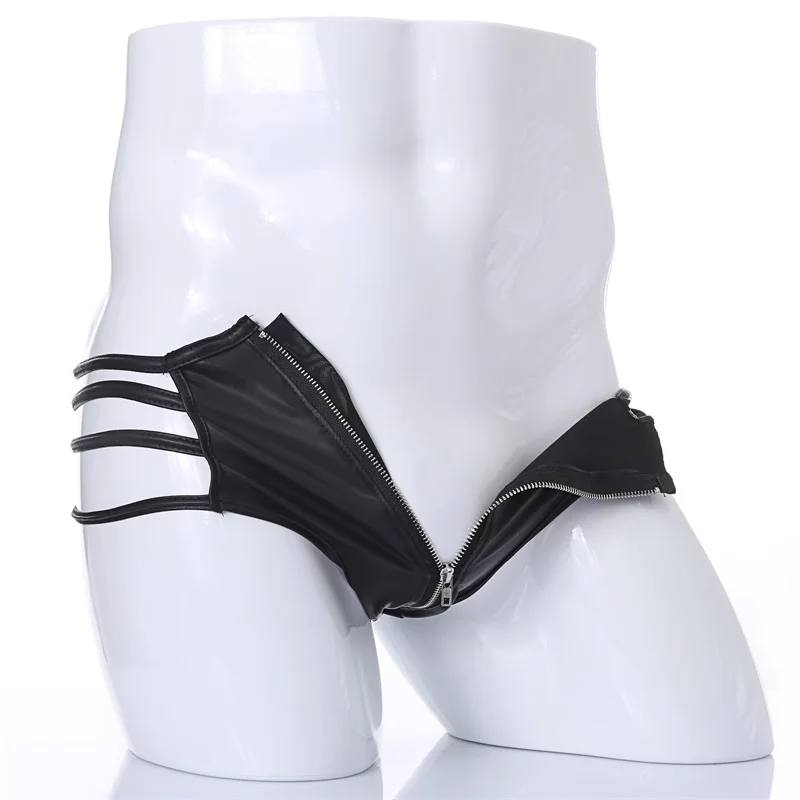 CLEVER-MENMODE Sexy Men's Underwear PU Faux Leather Thong BDSM Bandage Zipper Briefs Jockstraps Erotic Lingerie String Panties