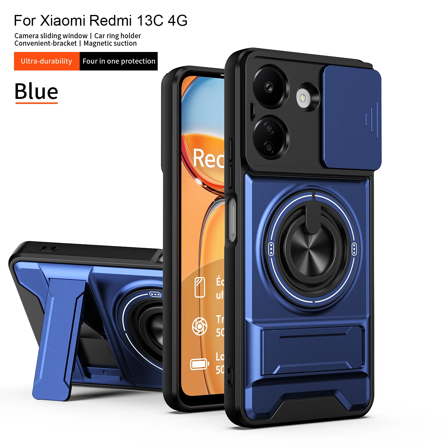 Armor Shockproof Phone Case with Sliding Camera Cap and Magnet Ring Kickstand