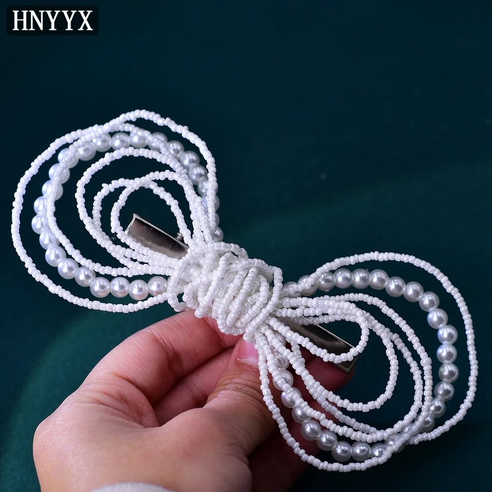 HNYYX White Crystal Bow Hair Clip Pearl Hairpin Elegant Party Headdress Fashion Headwear Wedding Hair Jewelry for Women A93