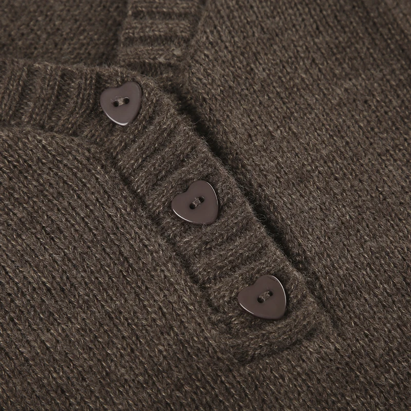 Y2K Brown V-neck Hooded Sweater Vintage Basic Slim Button Up Knitted Pullovers Autumn Casual Streetwear Outfits Lady