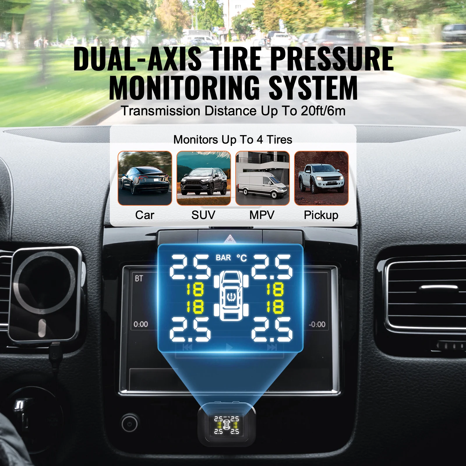 Wireless RV Tire Pressure Monitoring System with Waterproof Sensors