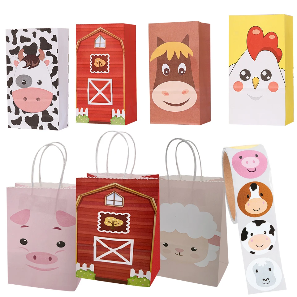 

1set Farmland Carton Animal Gift Bags Paper Candy Biscuit Bag for Kids Farm Themed Animal Birthday Party DIY Packaging Supplies