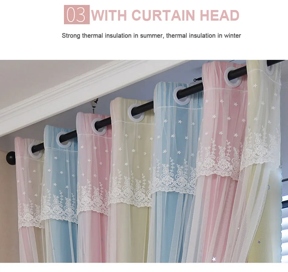 MIDSUM Bedroom Curtains Cloth Tulle Double Layer Drapes Hollow Star Decoration Window Blue Pink Gradient Curtain For Living Room