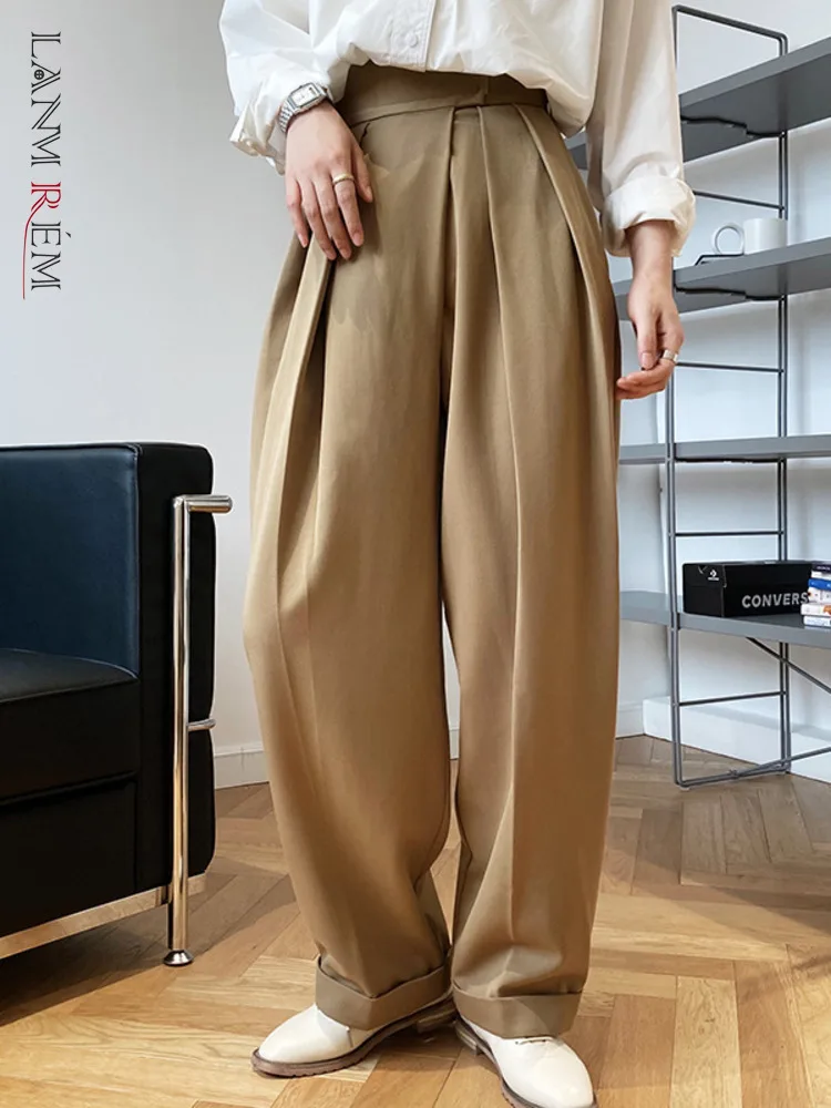 

[LANMREM] Pleated High Waist Suits Pants For Women High Waist Straight Wide Leg Trousers Office Lady 2024 Spring New 26D8924