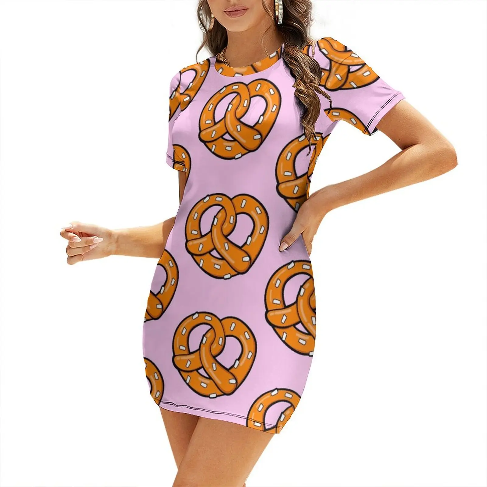 

Pretzel pattern on pink Background Short Sleeved Dress women's evening dress 2024 elegant dress women clothes
