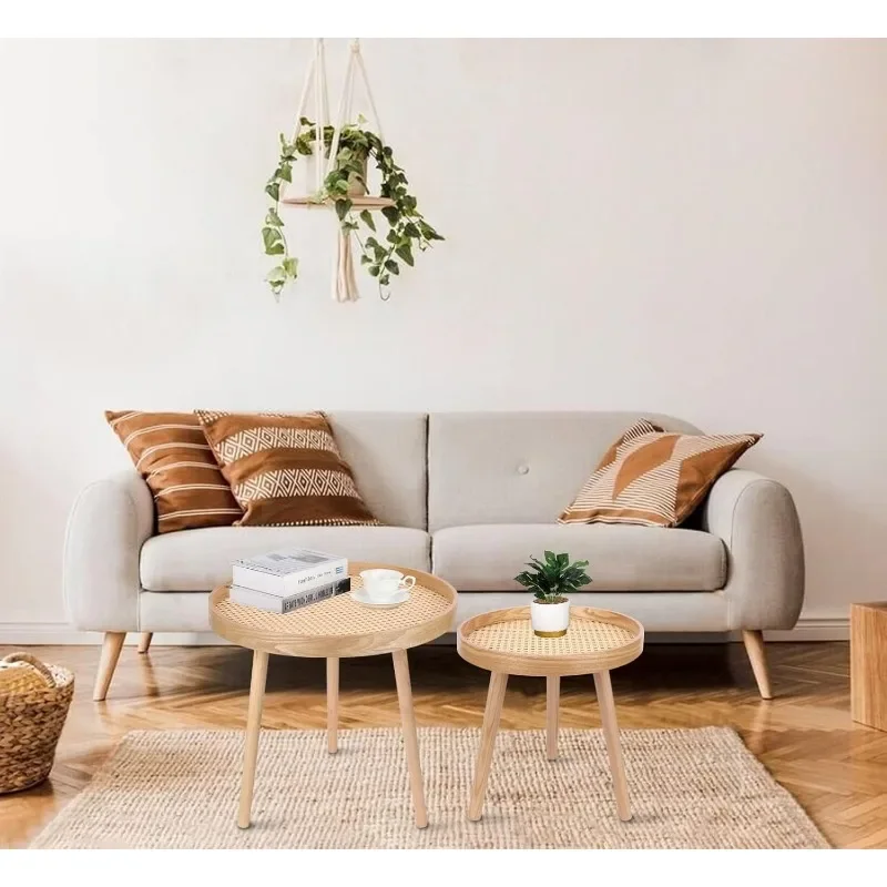 Round Coffee Table Set of 2, Small Mid Century Modern Rattan Coffee Table, Boho Side Table End Tables for Living Room Bedroom 5