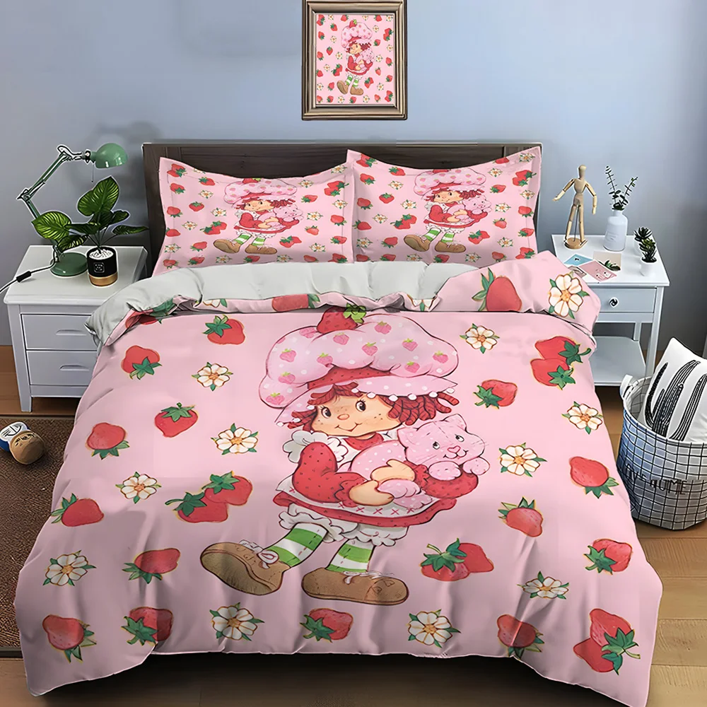 3pcs Cuete Cartoon E-Emily Erdbeer Friends 인쇄 된 침구 세트 1 이불 커버 2 베개 커버 소년 소녀 어린이 럭셔리 선물