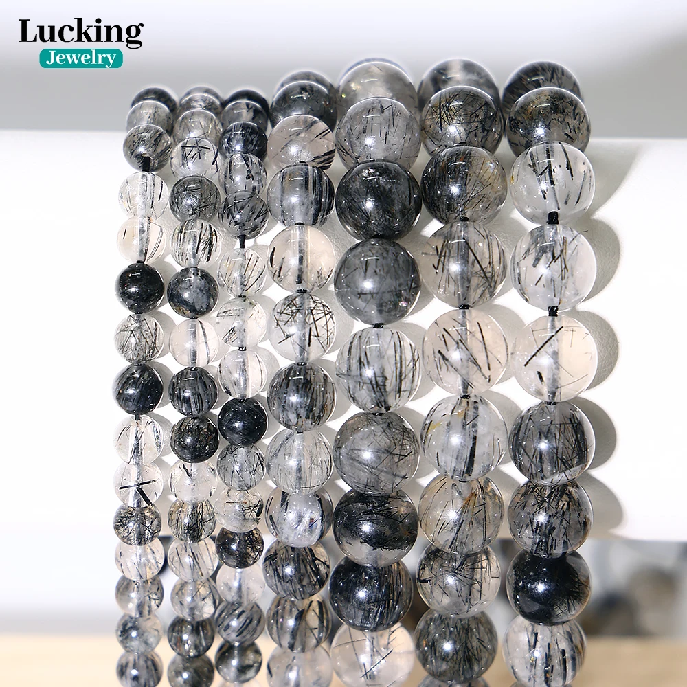 Rare Natural Black Rutilated Quartz Healing Crystal Beads For Jewelry Making DIY Handmade Accessories Strand 15" 6