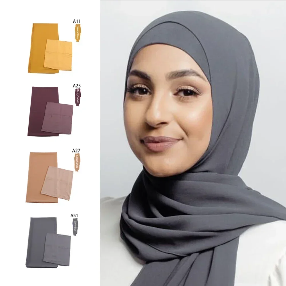 Chiffon Hijab Met Bijpassende Binnenpet Moslim Vrouwen Hijab Hoofddoek Chiffon Lange Sjaal Met Match Kleur Jersey Binnenpetten