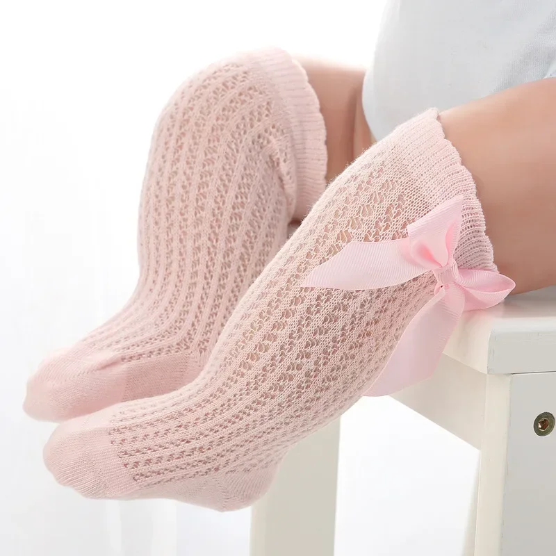 Summer Mesh Baby Girls Socks Cute Big Bows Soft Cotton Elastic White Red Newborn Stockings Knee High Long for Toddler Socks