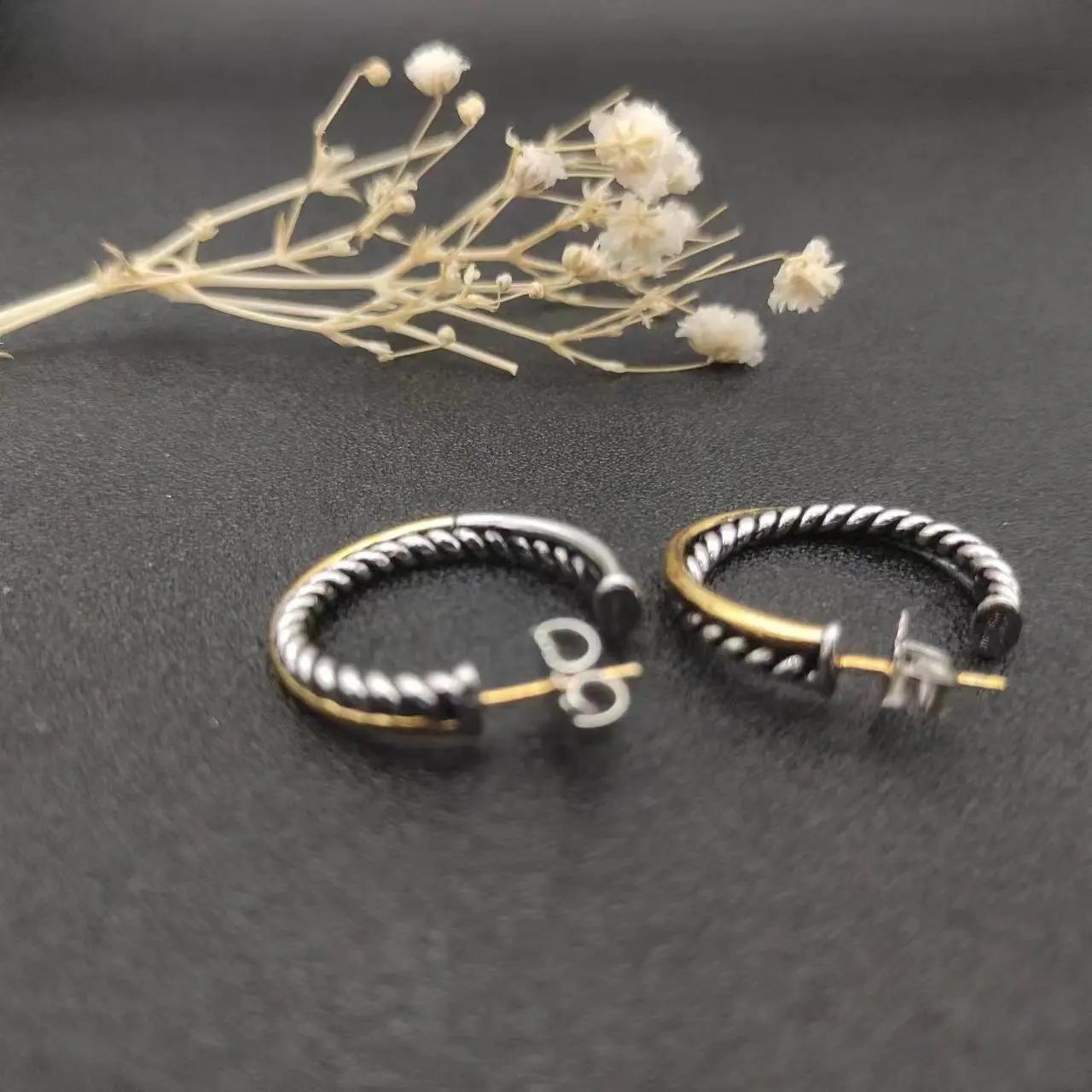 HSC DY Gold Hook Twisted Wire Buckle Earrings in Sterling Silver with 14K Yellow PlatedPlated