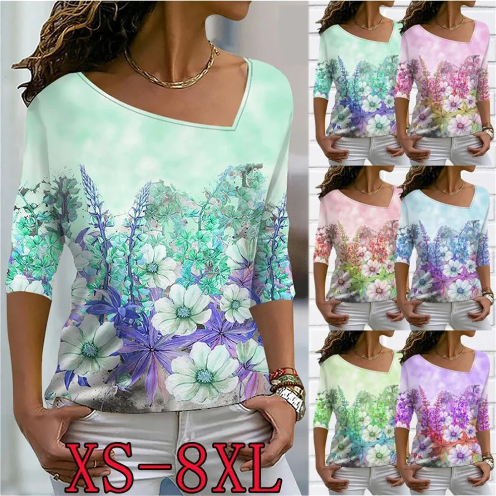 

Autumn Winter Women's Fashion Casual Floral Print V-neck Pullover Fashion Loose Size Long Sleeve 2022 T-shirt XS-8XL