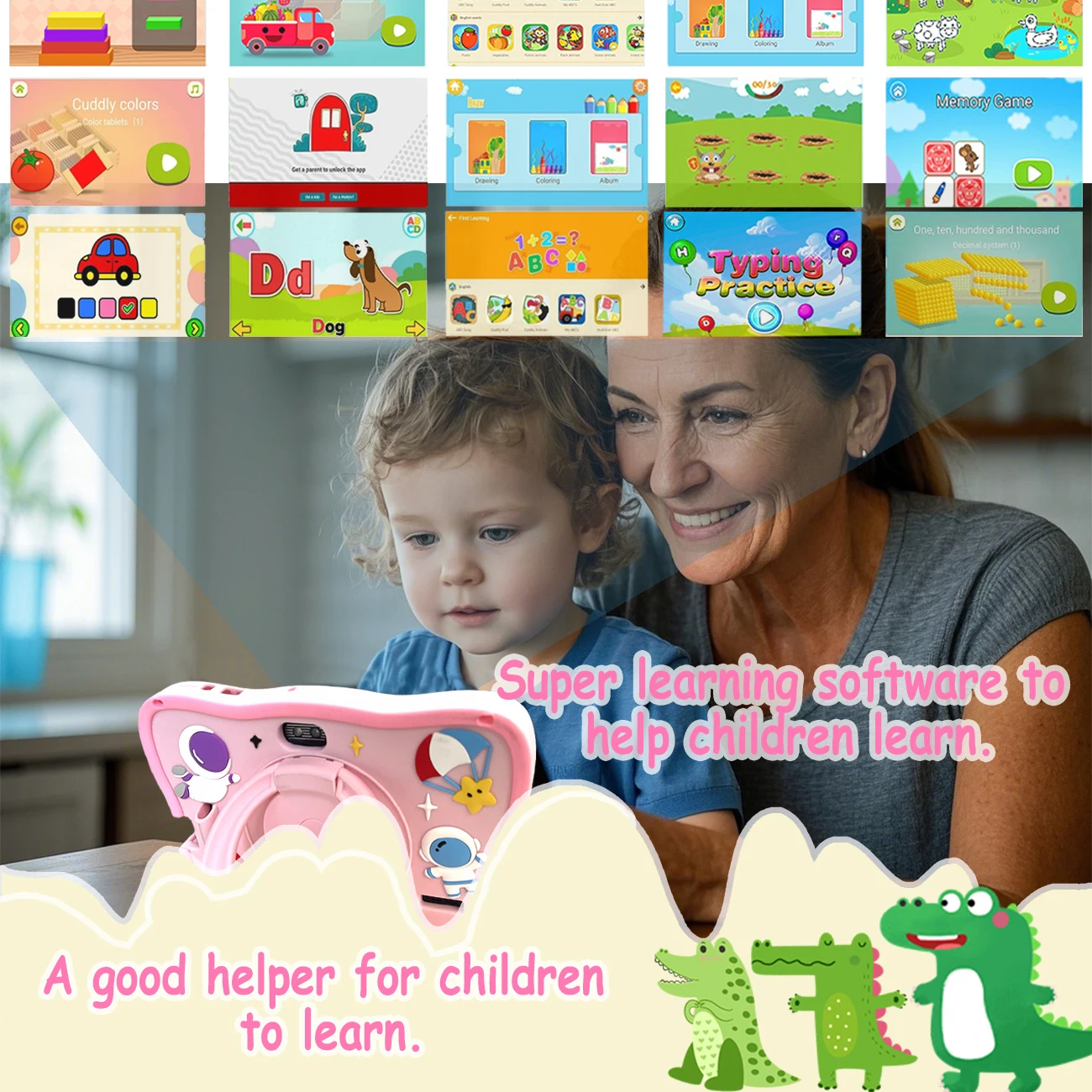 키즈 태블릿 2+32GB, 7'' 안드로이드 태블릿, 듀얼 카메라, 게임 교육 학습, 장난감 어린이 선물 PC 패드, 핑크블루