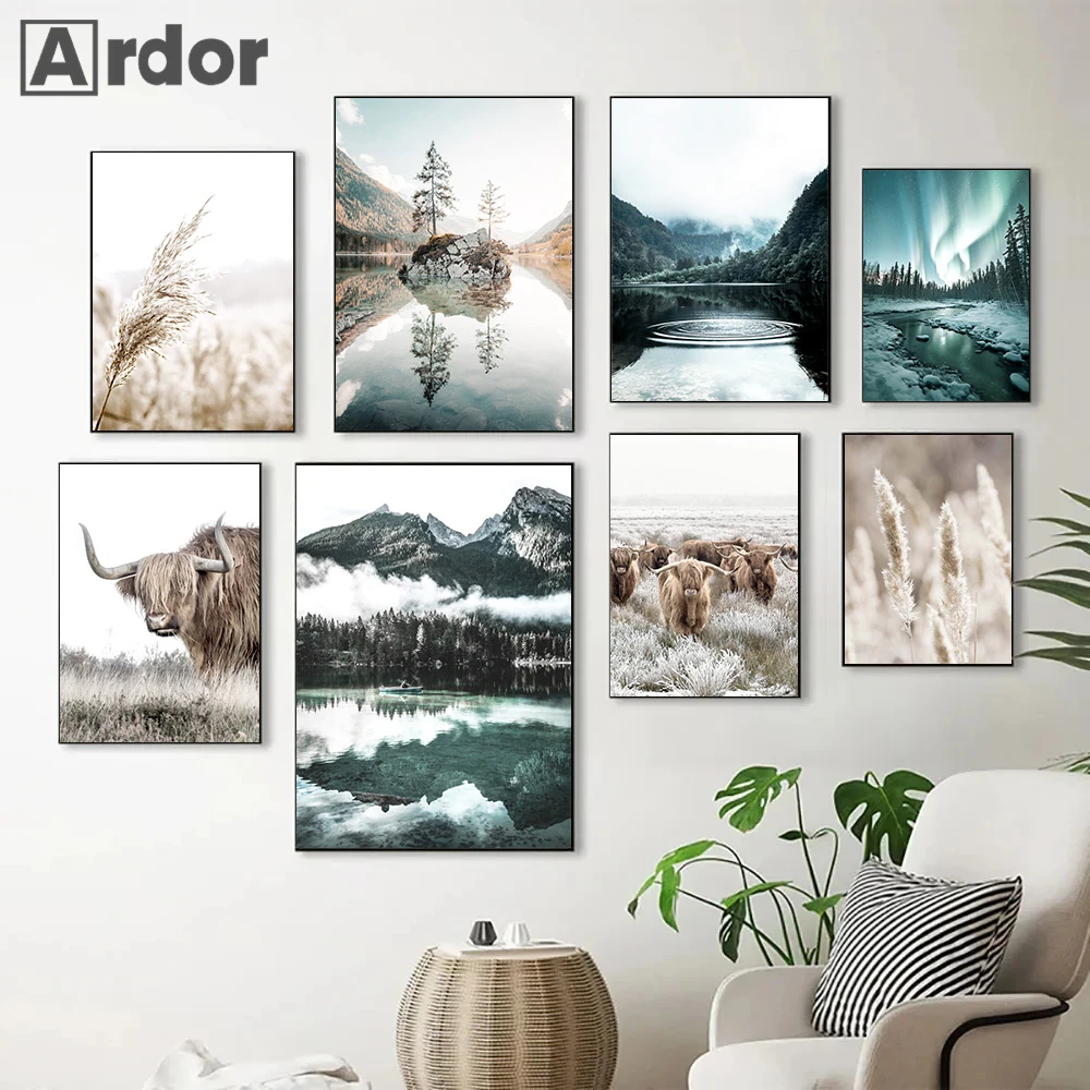 

Forest Mountain Lake Aurora Wall Art Canvas Painting Highland Cow Poster Reed Art Prints Nordic Wall Pictures Living Room Decor