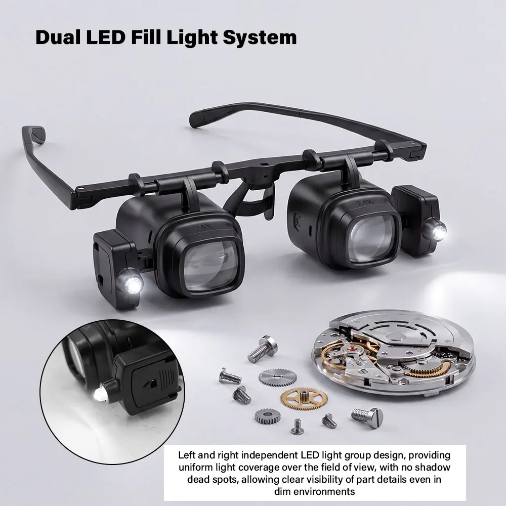 LED 조명이 장착된 고화질 휴대용 헤드 마운트형 확대경, 조절 가능한 시계 수리용 돋보기 2X 6X 10X 24X