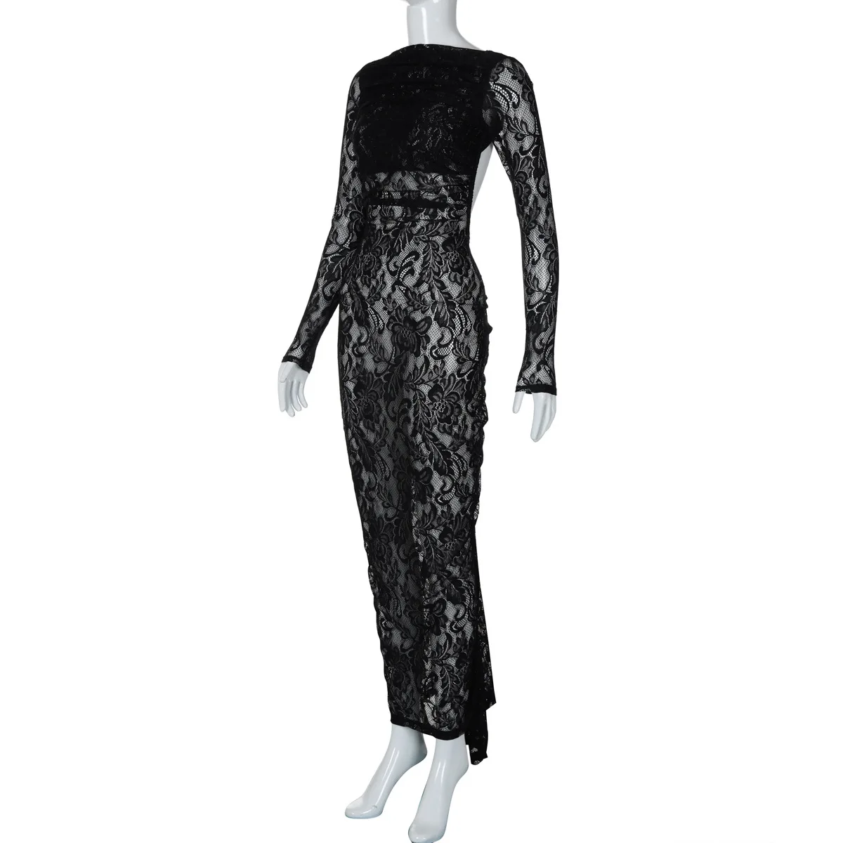 White Lace Backless Long Dress For Women See-Through High Waist Printed Slim Solid Hollow Out Dress Women's Party Dress