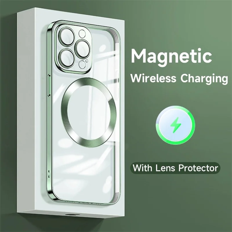 Luxury Plating Clear Magnetic Wireless Charge Case For iPhone 13Pro 12 11 Pro Max Soft Silicone Transparent Cover with Lens Film iphone 13 mini case