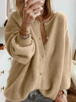 Women's Beige Oversized Knit Cardigan Button Front Casual Long Sleeve Loose-Fit Pullover