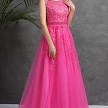 Quente rosa princesa longo vestido de noite colher pescoço apliques frisado tule andar de comprimento sexy a linha vestidos de baile longo festa