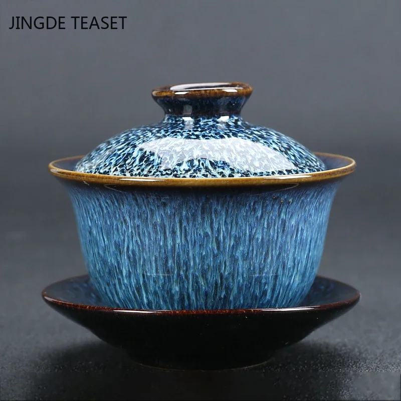 Jingdezhen Retro Ceramic Tea Gaiwan Teacup Handmade Tea Tureen Chinese Ru Kiln Tea Bowl Luxury Tea Set Accessories Master Cup