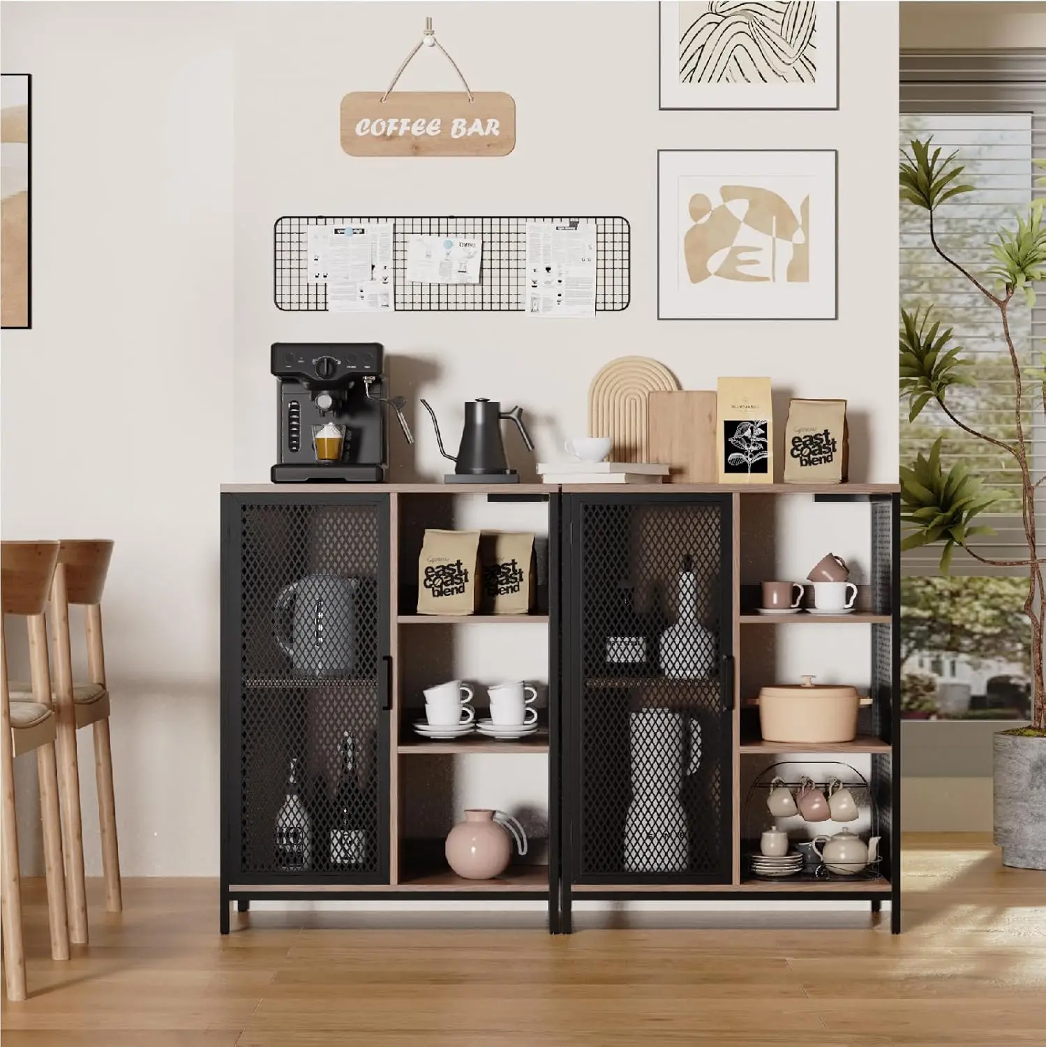 Redlife Coffee Bar Cabinet Small Liquor Cabinet w/ LED Light Charging Station Storage Farmhouse Buffet Sideboard for Dining Room