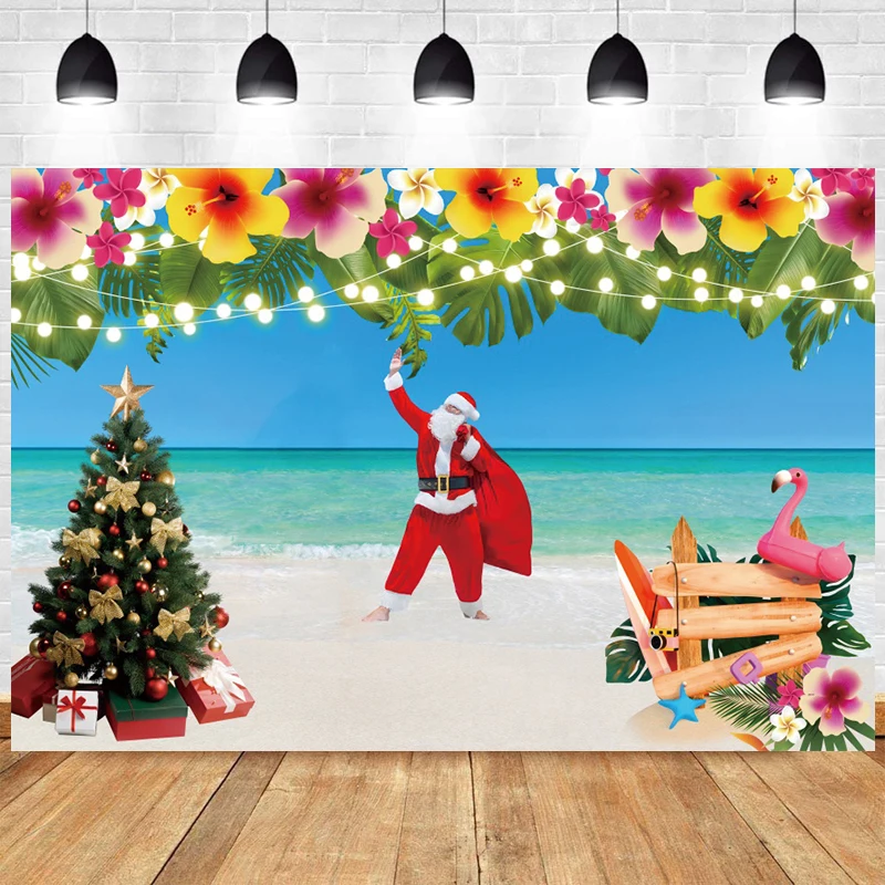 

Tropical Christmas Backdrop Santa Claus Beach Scene Wall Decoration Flowers Hawaiian Christmas Tree Photo Background Photography