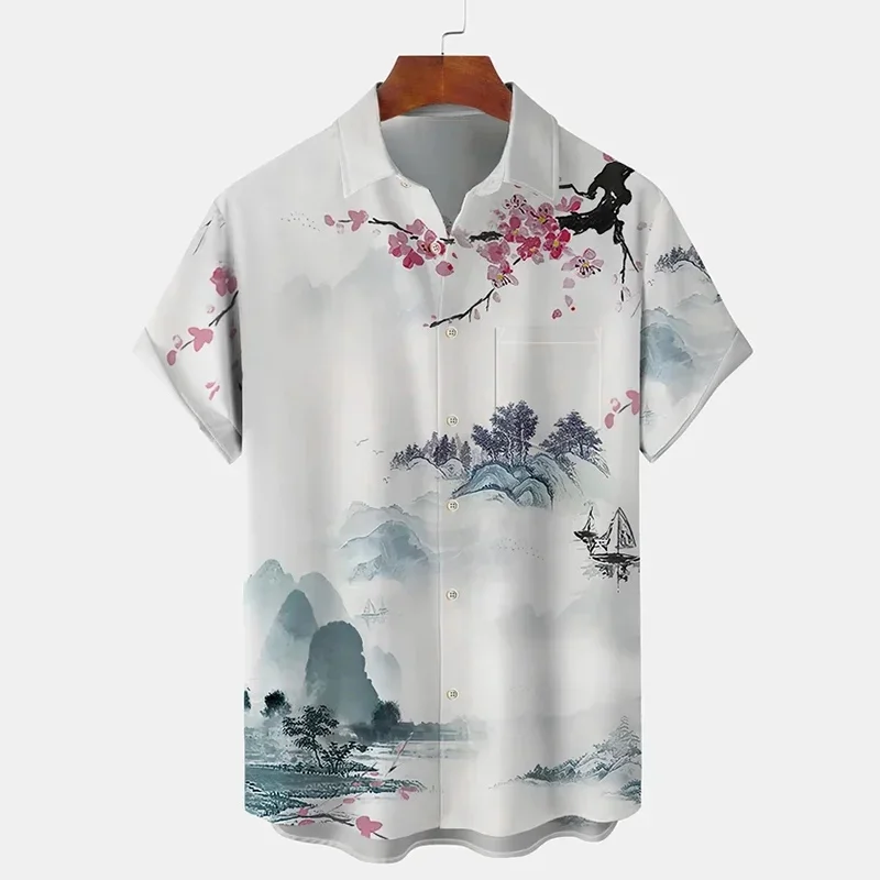 Men's Shirt Flower 3D Printed Lapel Short Sleeve Casual Loose Tops, Bamboo Linen Shirt, Fashion Clothing Tops XS-5XL