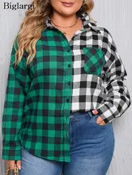 Plus Size Autumn Winter Plaid Striped Print Shirt Coats Women Irregular Casual Modis Ladies Blouses Long Sleeve Woman Shirt Tops