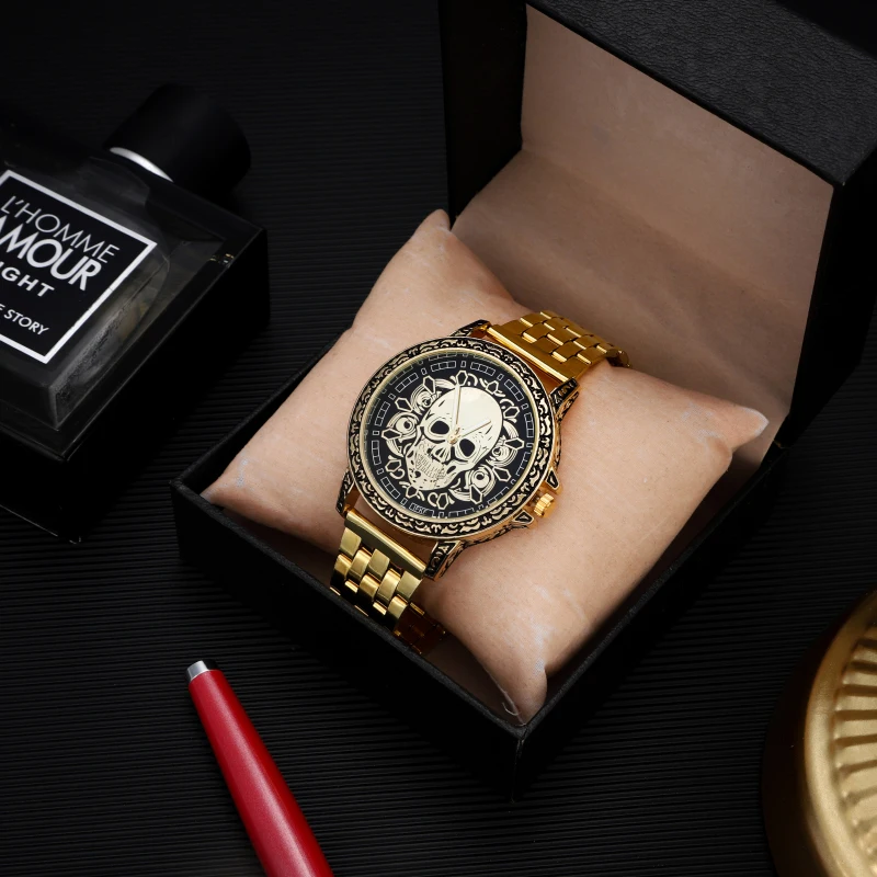 new Gold Skull Lion Tiger Men luxury business Military Quartz watch golden stainless steel band men watches male clock Relogio